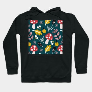 Leaves and mushroom pattern - red, yellow and pink on green Hoodie